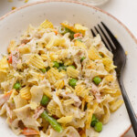 tuna-noodle-casserole in serving bowl with fork