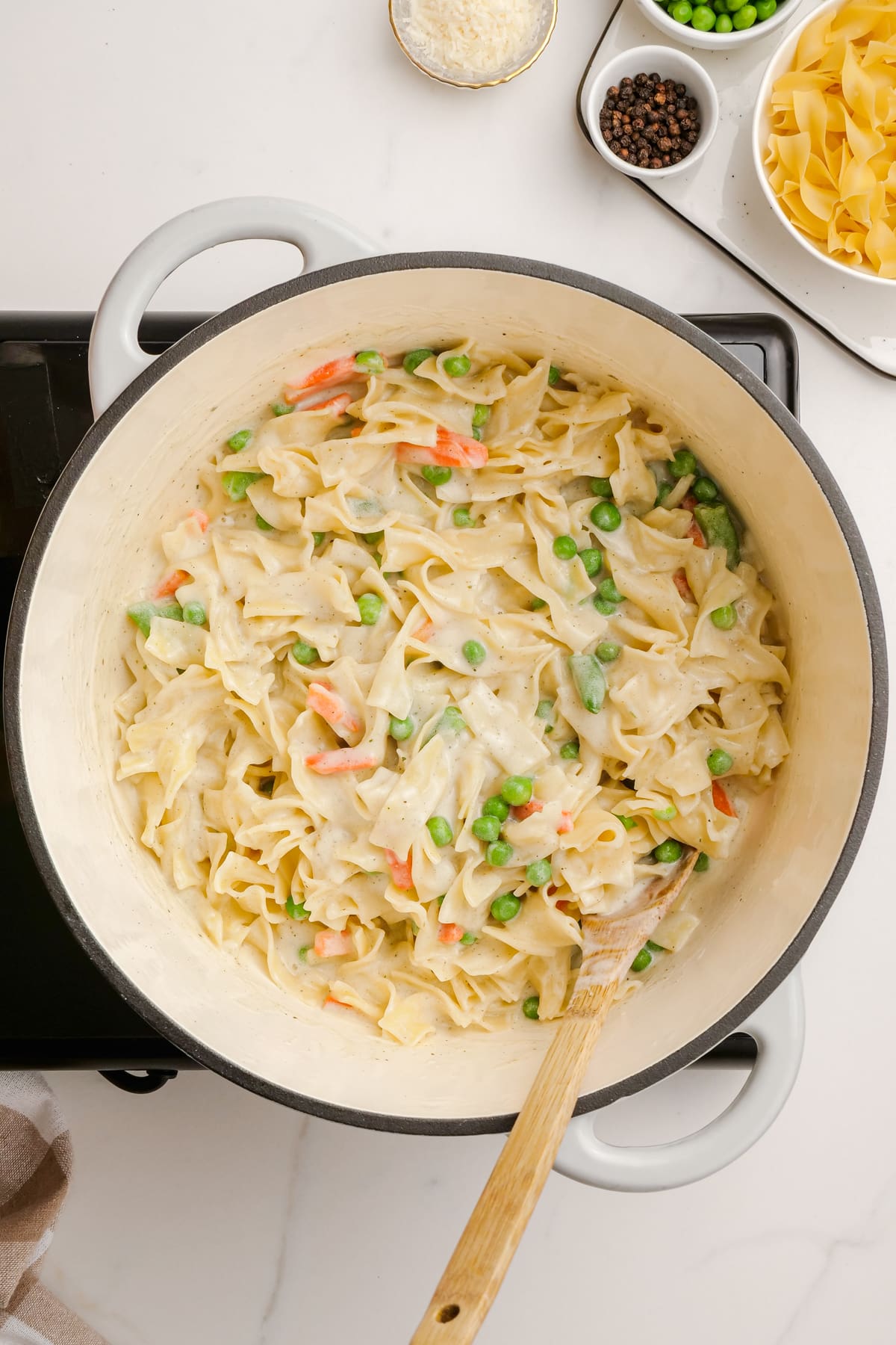 Tuna noodle casserole in a pot