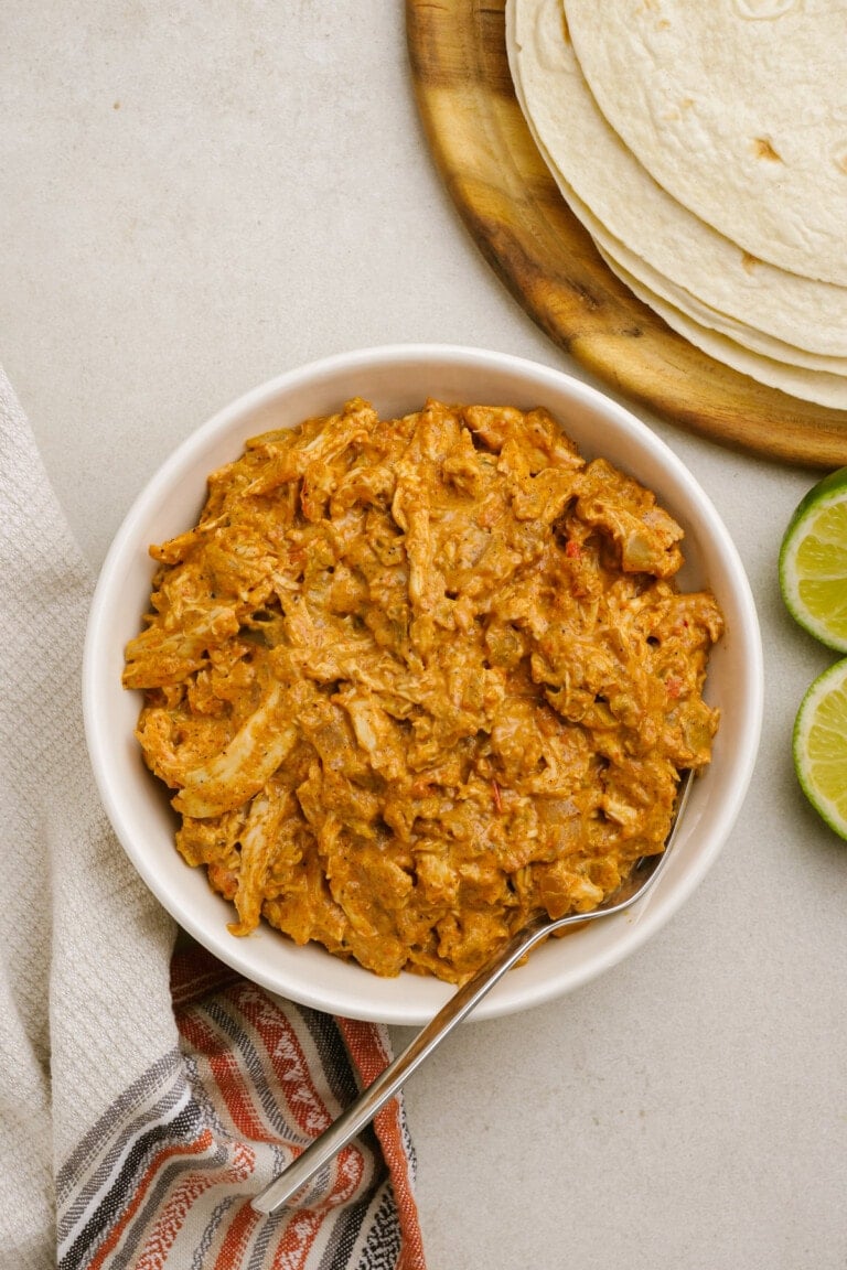 shredded chicken in a bowl with a spoon