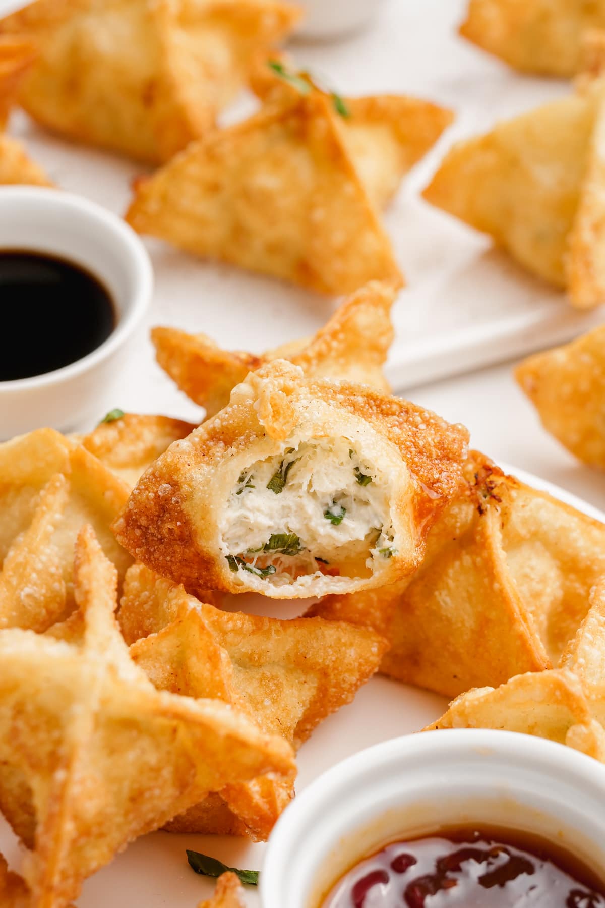 up close side view of inside a crab rangoon