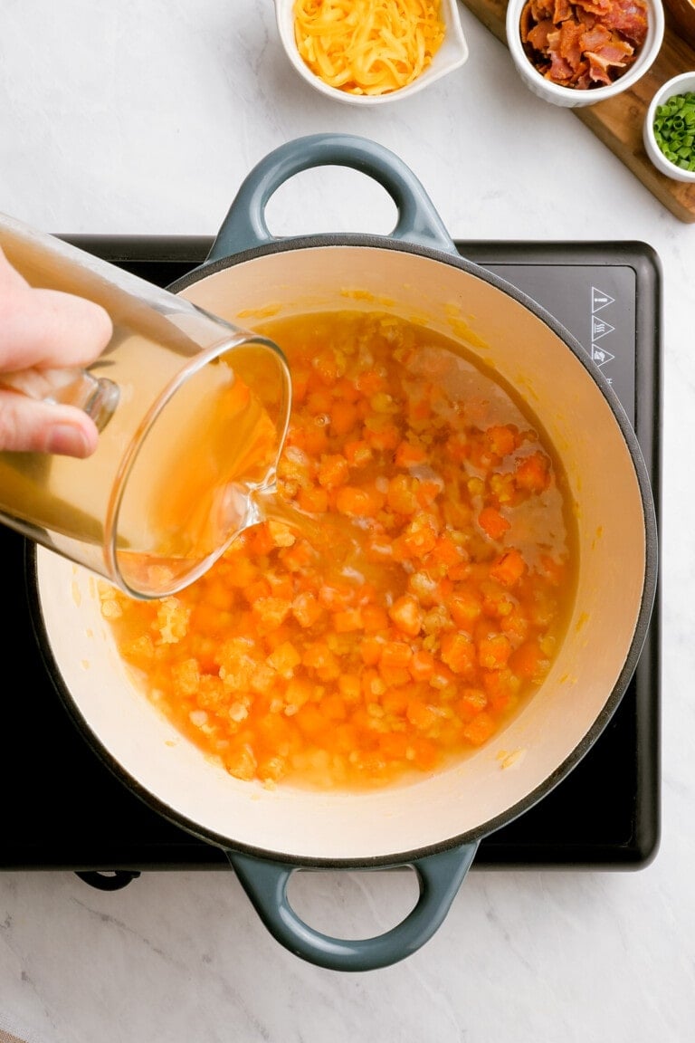 woman's hand pouring broth into pot of vegetables