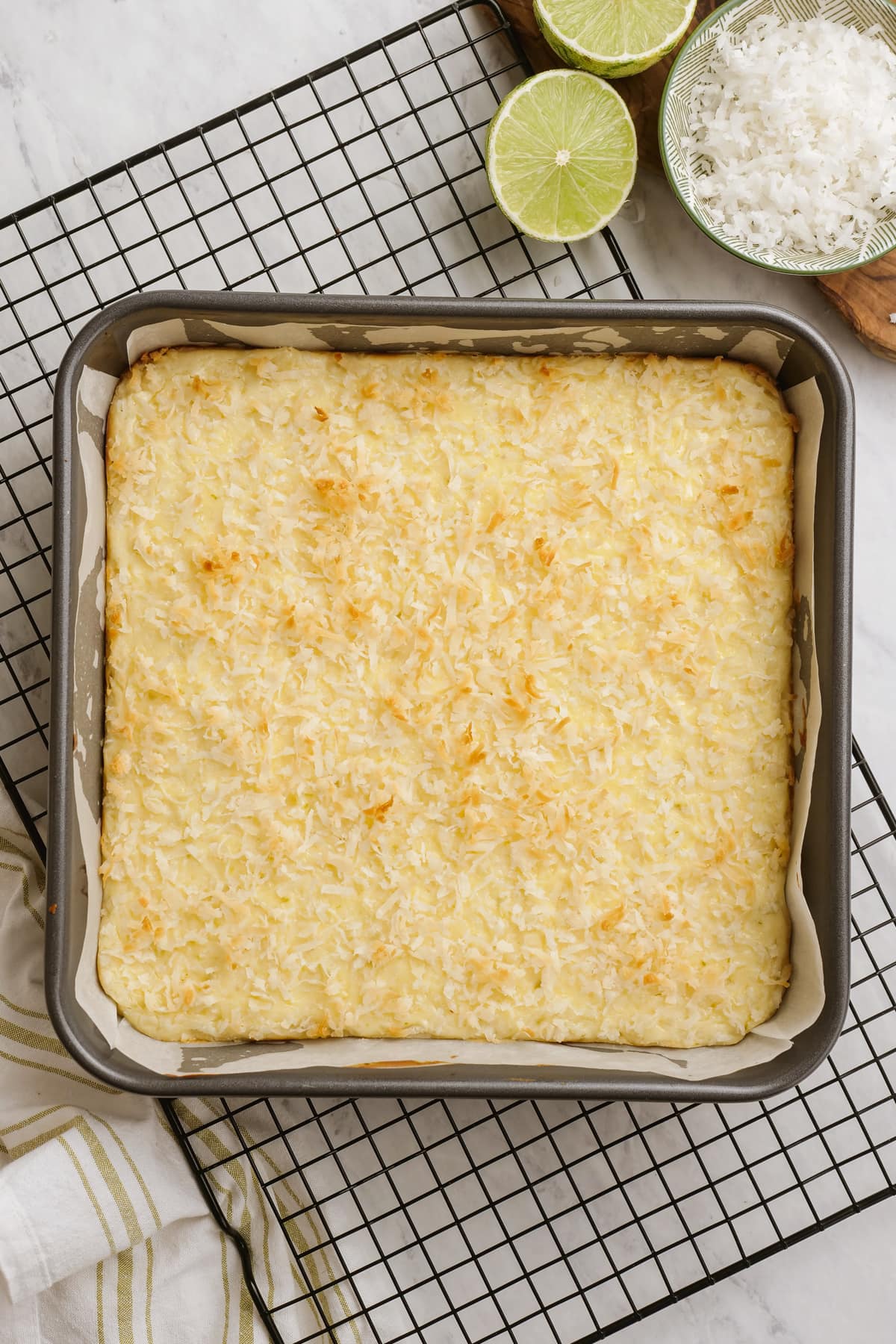 cooked coconut bars in baking dish