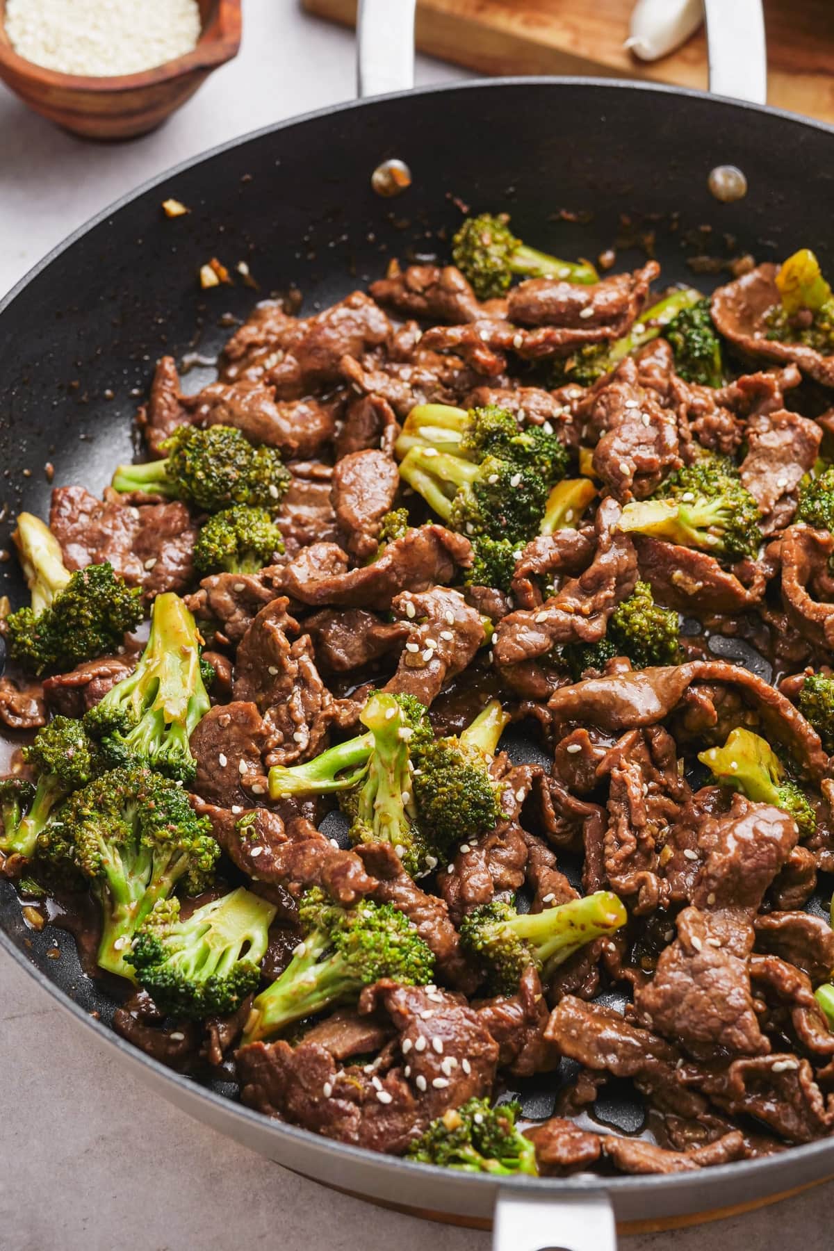 beef and broccoli in a skillet
