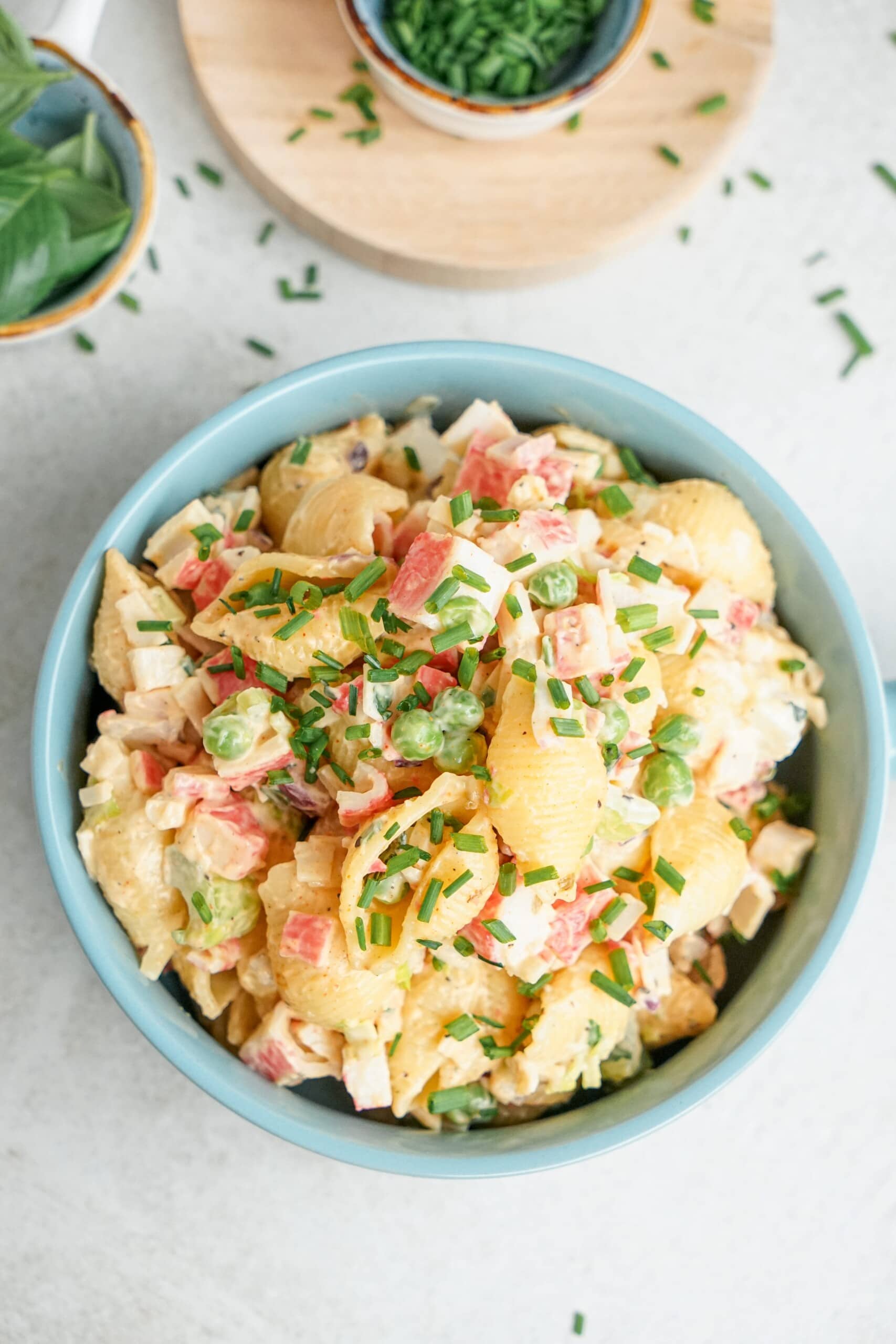 seafood pasta salad in a bowl