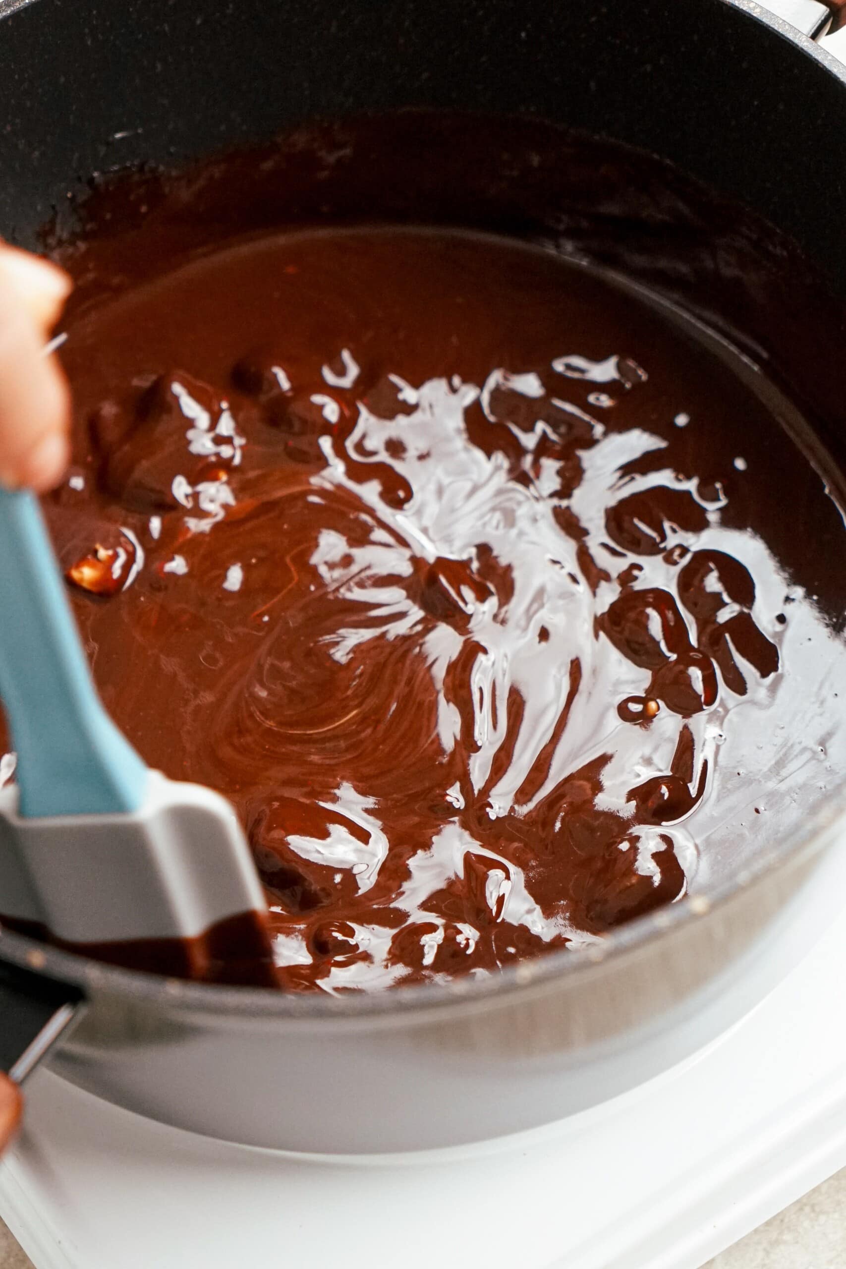 melted chocolate and butter and cocoa powder in a saucepan