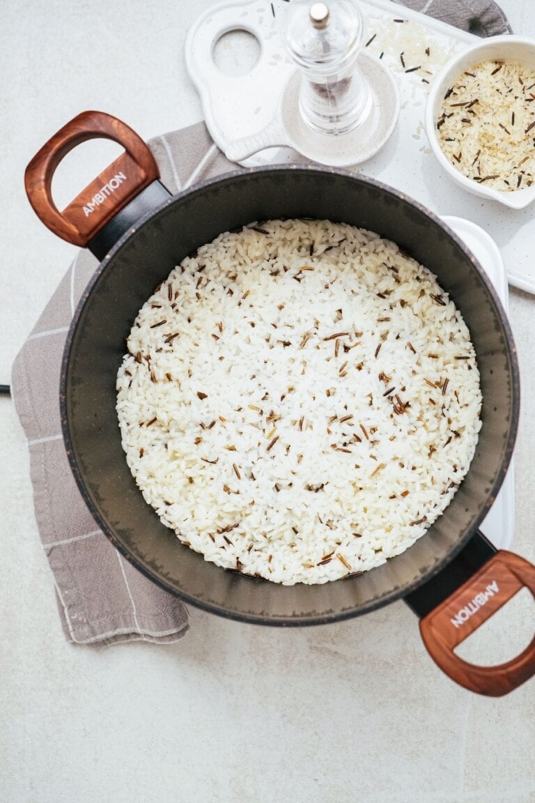 cooked rice in a stock pot