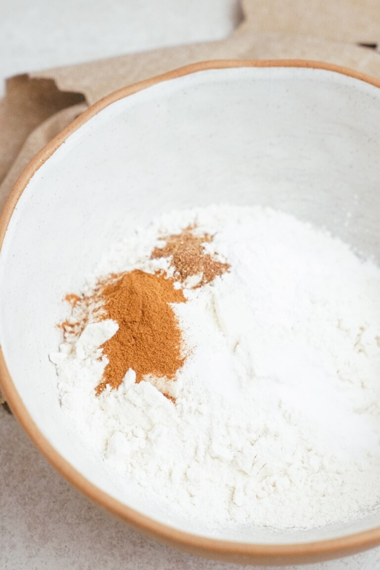 dry ingredients for sweet potato cupcakes in a mixing bowl