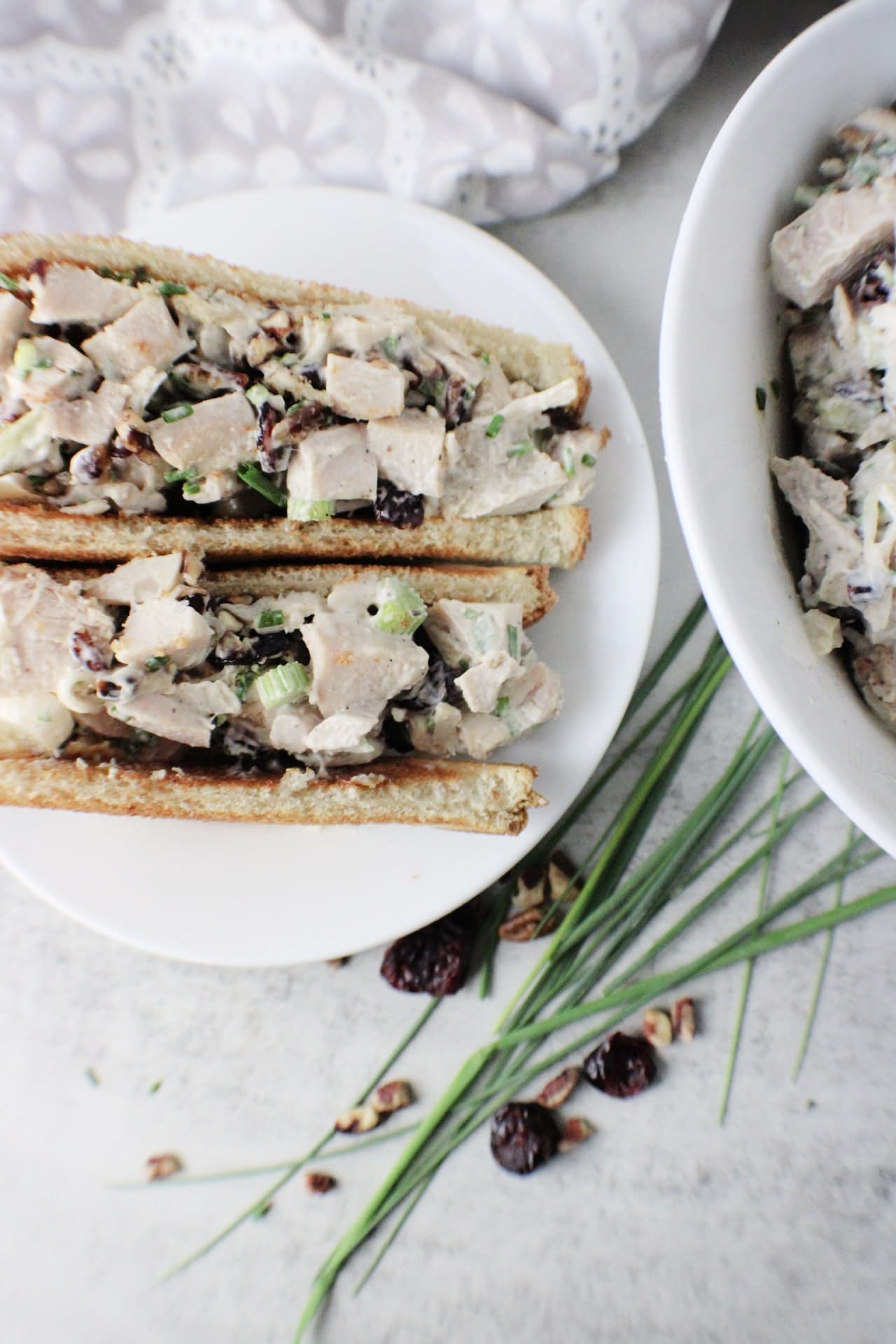 Turkey Salad sandwich on a plate and tablescape