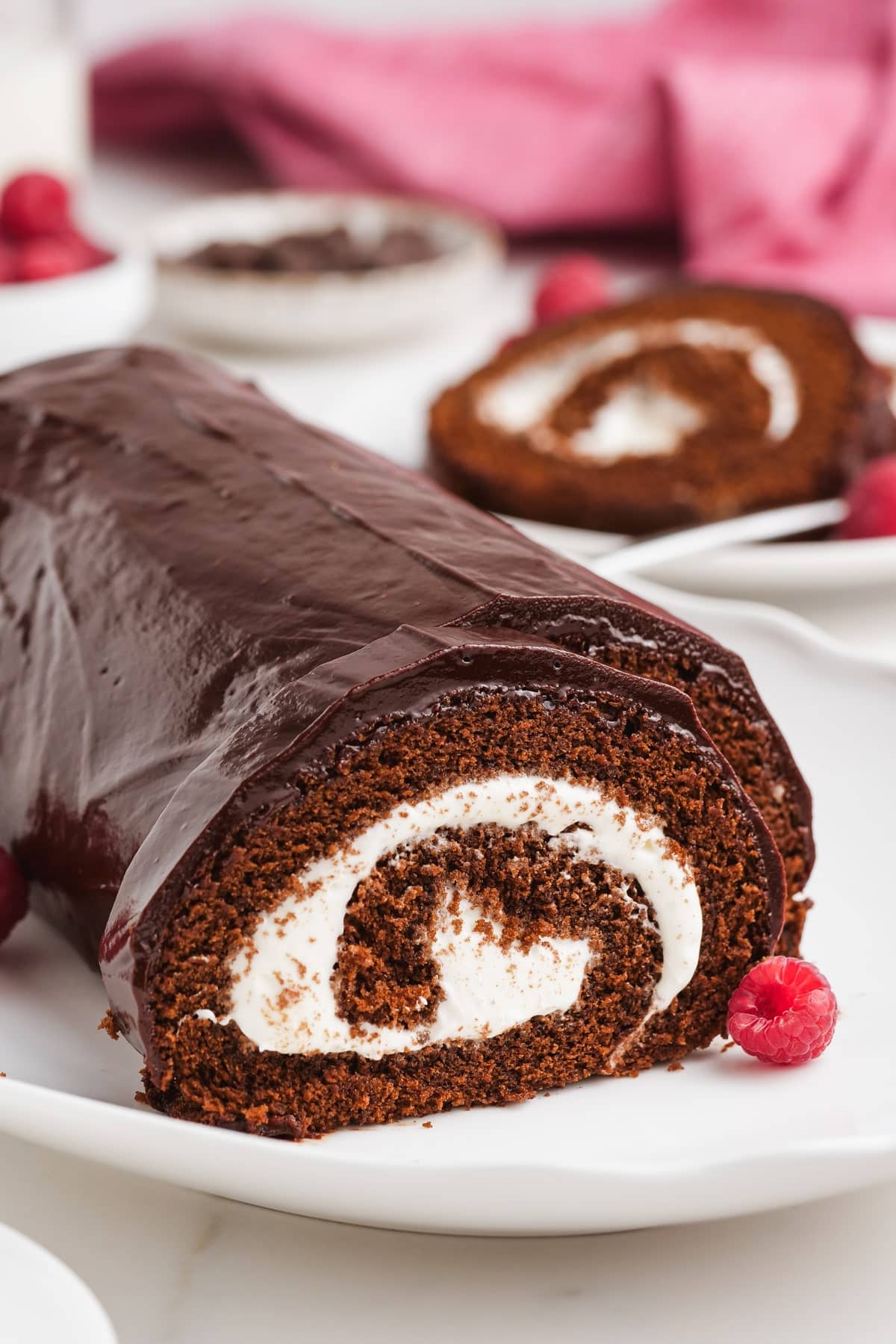 chocolate swiss roll on a plate with raspberries
