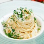 parm garlic linguine styled in a pasta dish
