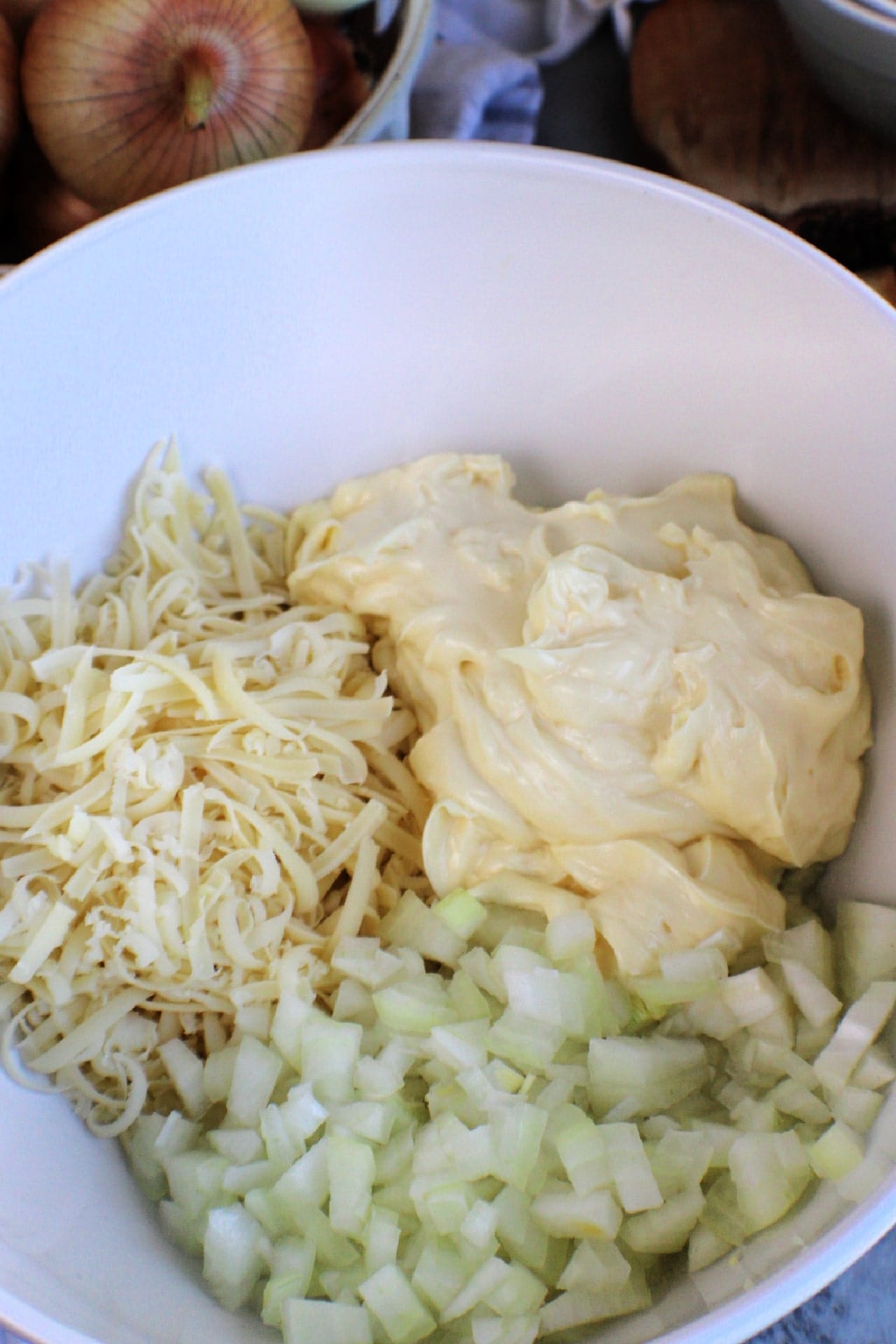 Hot Onion Dip ingredients in a mixing bowl