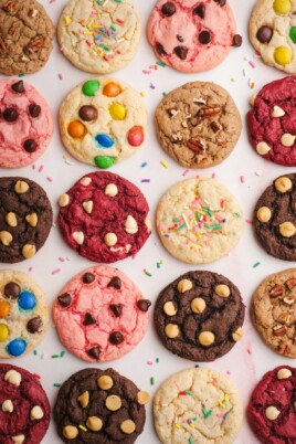 different flavored cake mix cookies on parchment paper