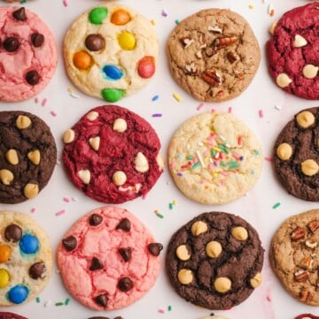 different flavored cake mix cookies on parchment paper