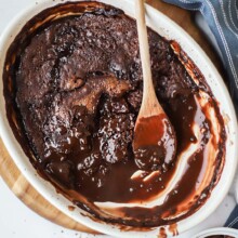 Chocolate Cobbler with a wooden spoon