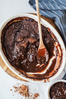 Chocolate Cobbler with a wooden spoon