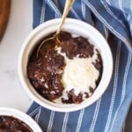 Chocolate Cobbler with a scoop of ice cream in a bowl
