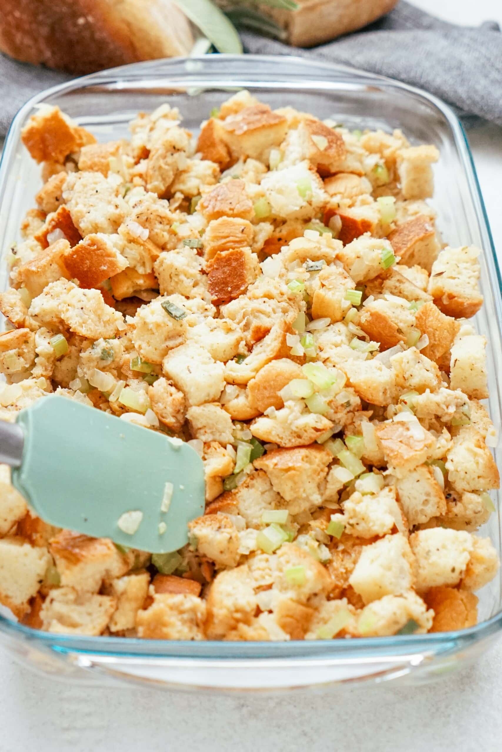 stuffing mixture spread into baking dish