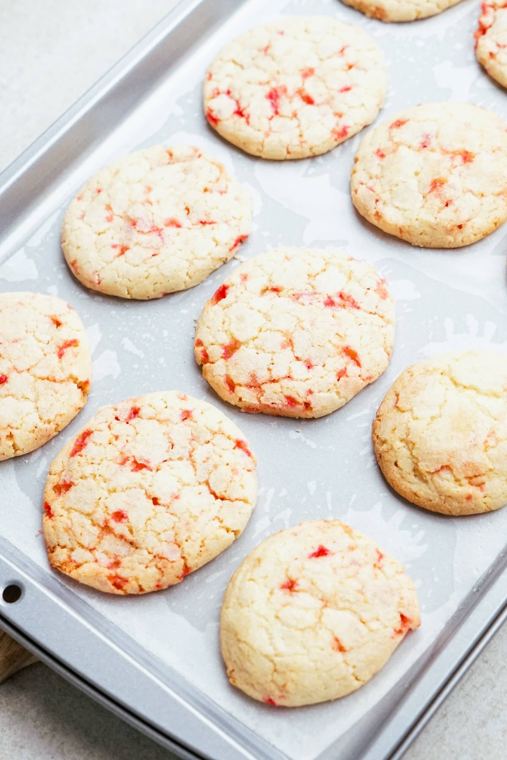 baked candy cane cookies on a baking sheet