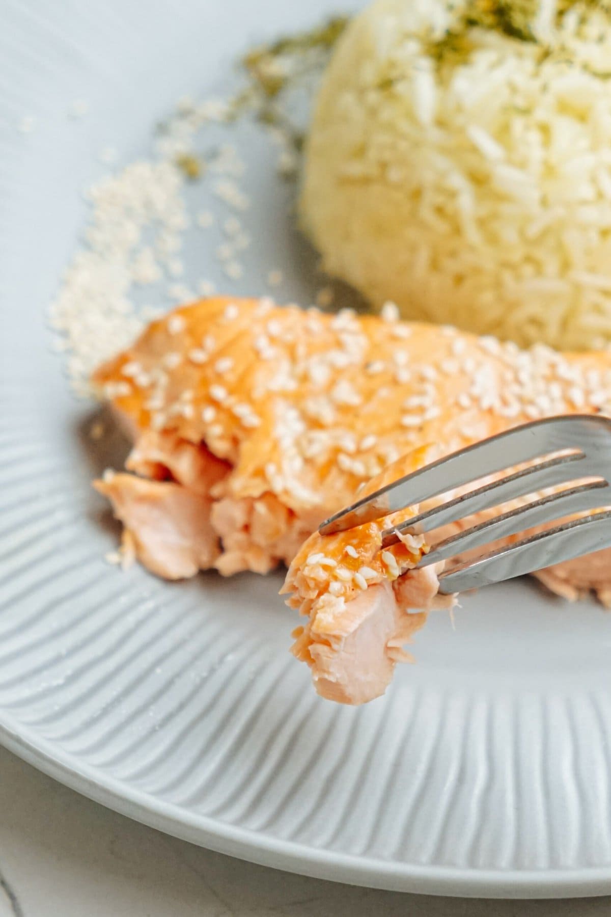 Salmon on a plate with rice and sesame seeds.
