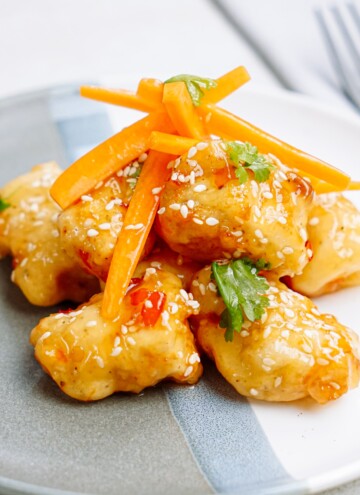A plate of chicken with carrots and sesame seeds.