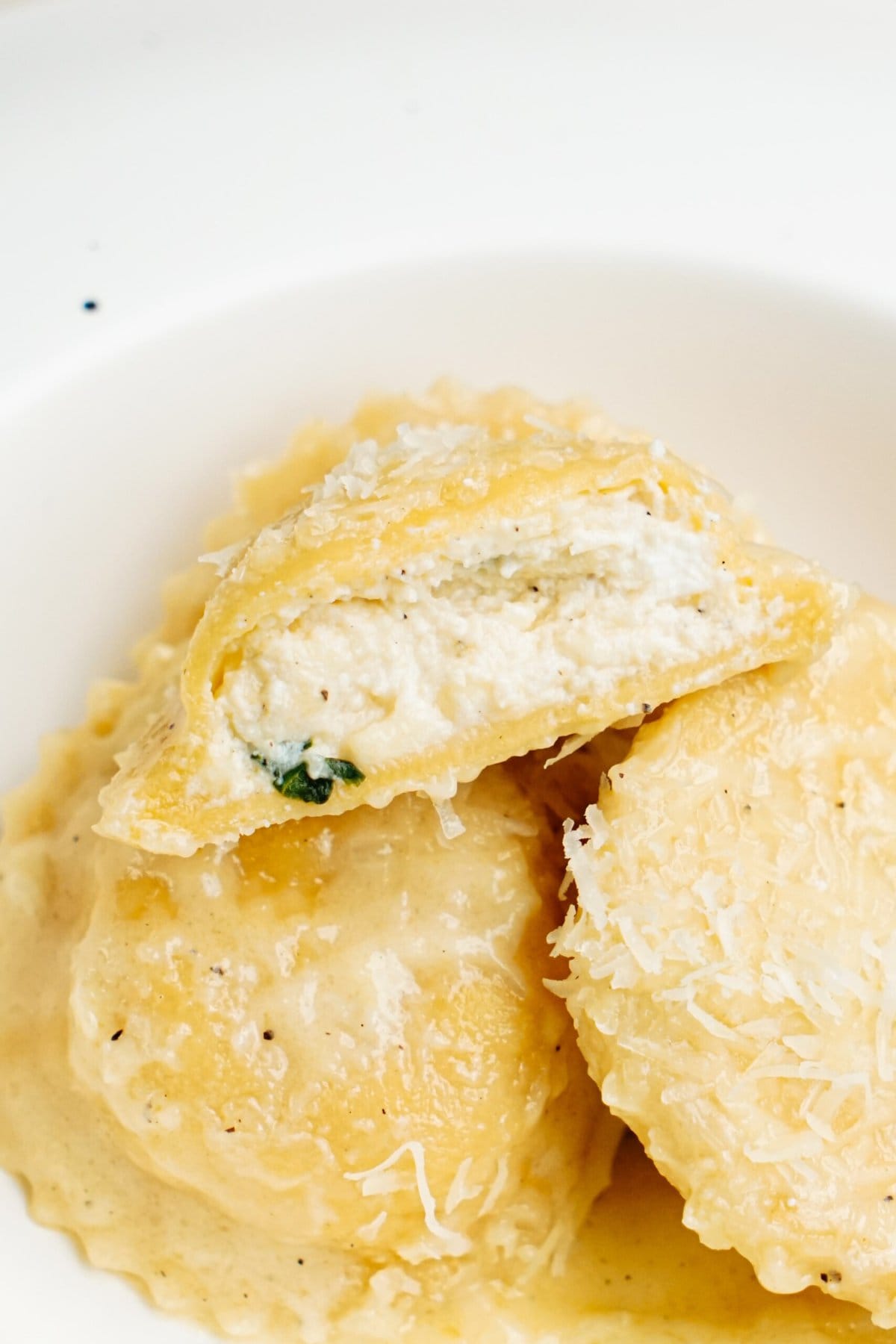 Ravioli on a white plate with parmesan cheese.