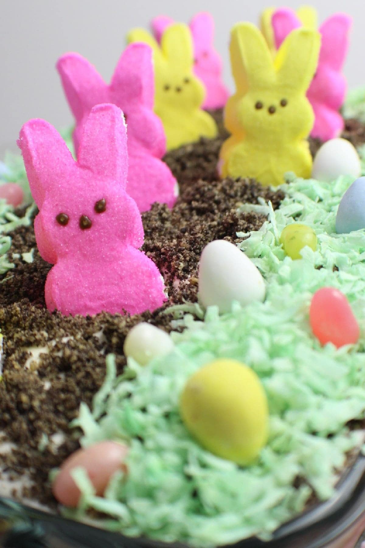 An easter-themed dessert decorated with pink and yellow bunny marshmallows, candy eggs, and green coconut shavings on a bed of crushed chocolate cookie crumbs.