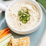jalapeno artichoke dip on platter with veggies and crackers
