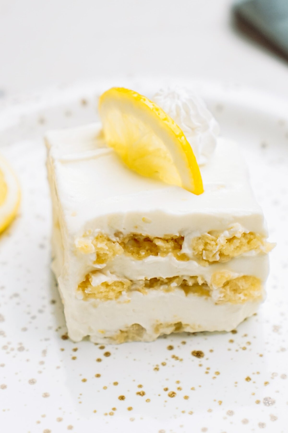A slice of lemon dessert with creamy layers and a lemon slice garnish on top.