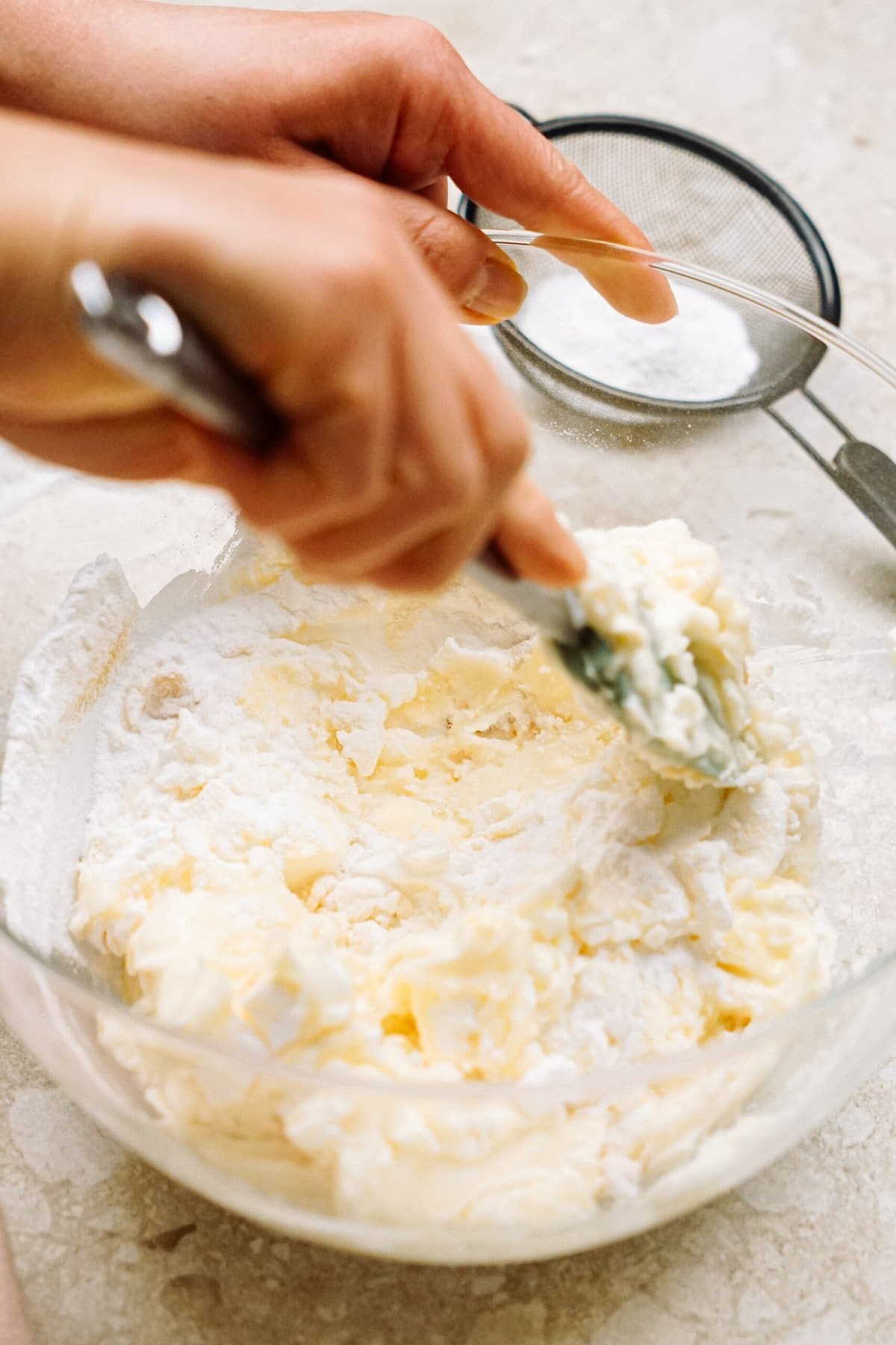 combining dry ingredients with a rubber spatula