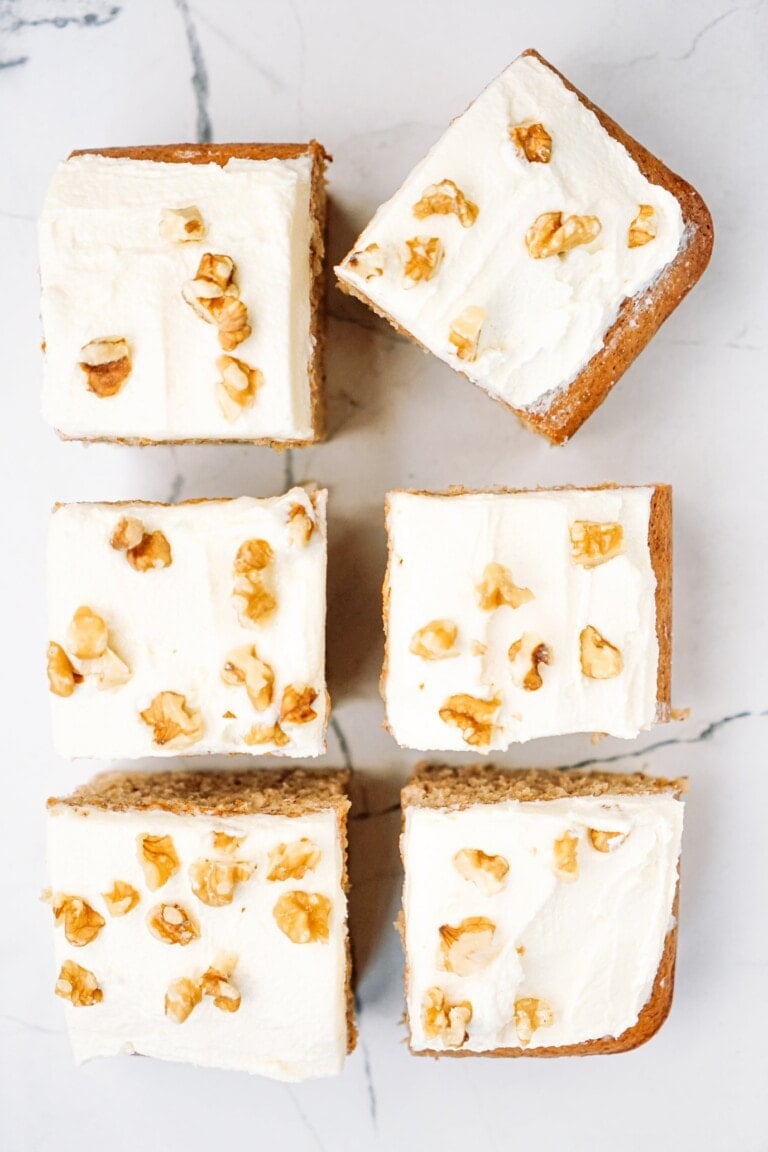 squares of banana cake on a cutting board