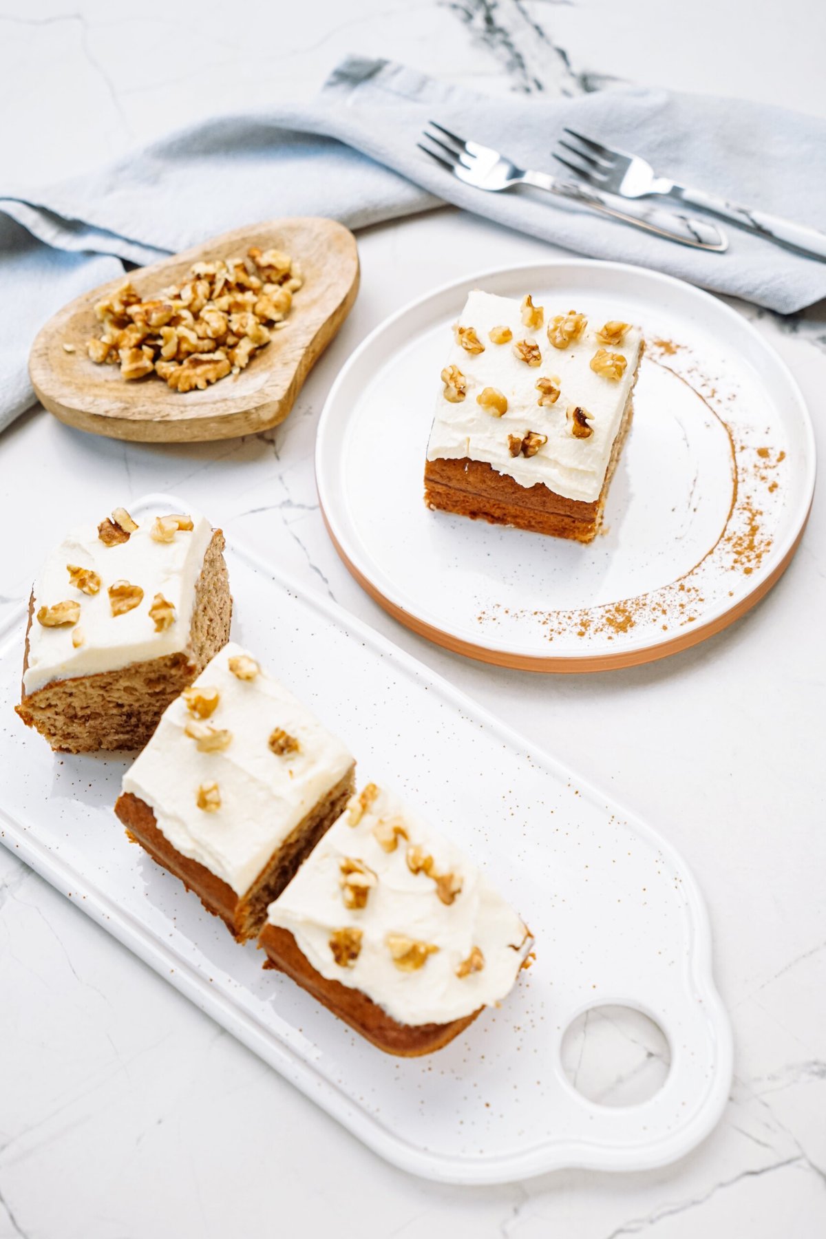 banana cake slices on a tablescape 