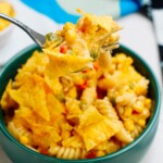 chicken and pasta in a bowl