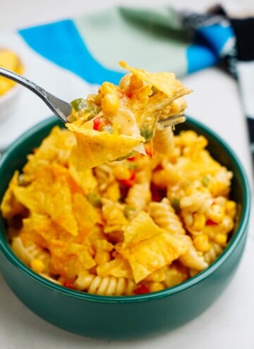 chicken and pasta in a bowl