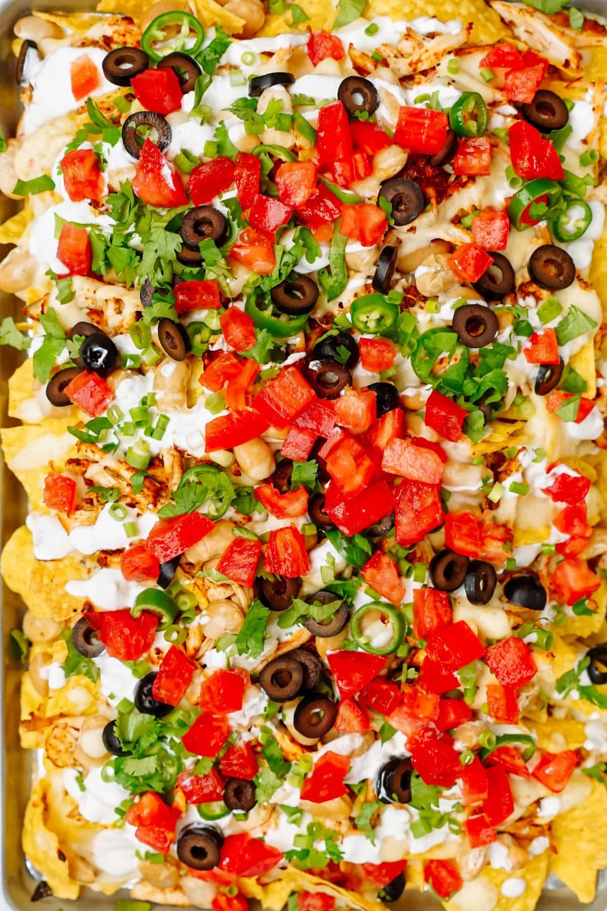 A close-up of a tray filled with nachos topped with melted cheese, diced tomatoes, black olives, jalapeños, chopped cilantro, and dollops of sour cream.