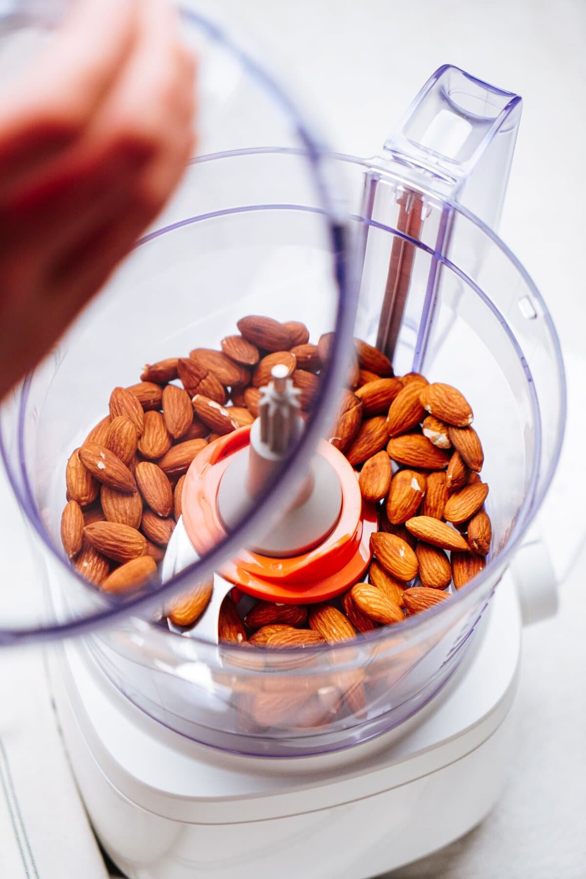 A person is placing a lid on a food processor filled with whole almonds, getting ready to turn them into the perfect base for delicious goat cheese truffles.