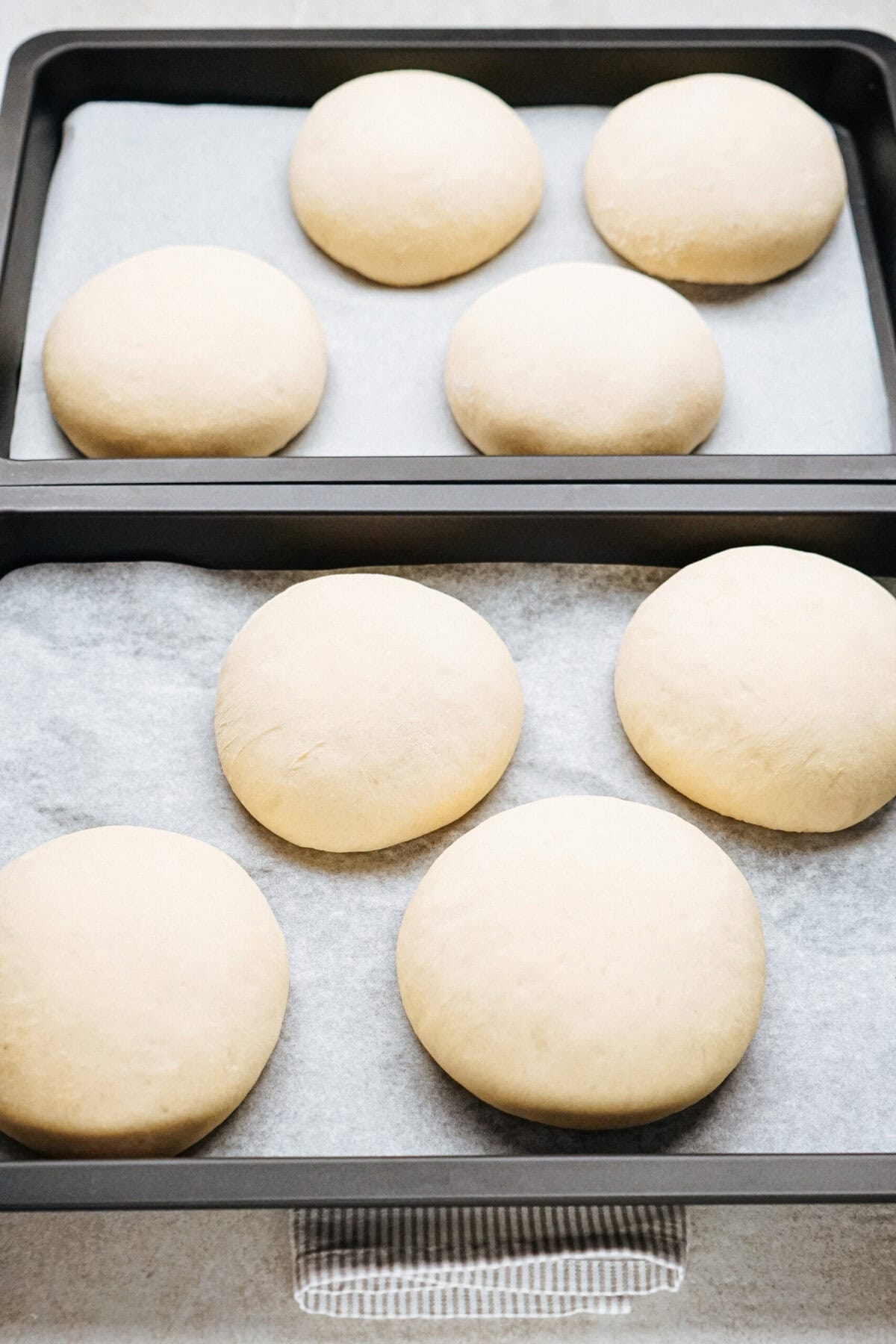 Two baking trays with parchment paper, each holding four evenly spaced, unbaked dough balls.