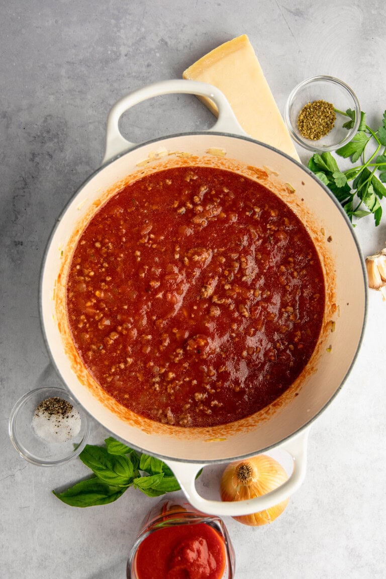 A white pot filled with tomato sauce next to surrounding ingredients such as cheese, herbs, salt, pepper, an onion, and tomato paste on a gray surface.