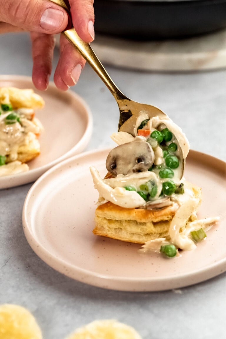 A fork lifts a portion of a creamy mushroom and vegetable mixture over a biscuit on a pink plate. Another similar dish is in the background.