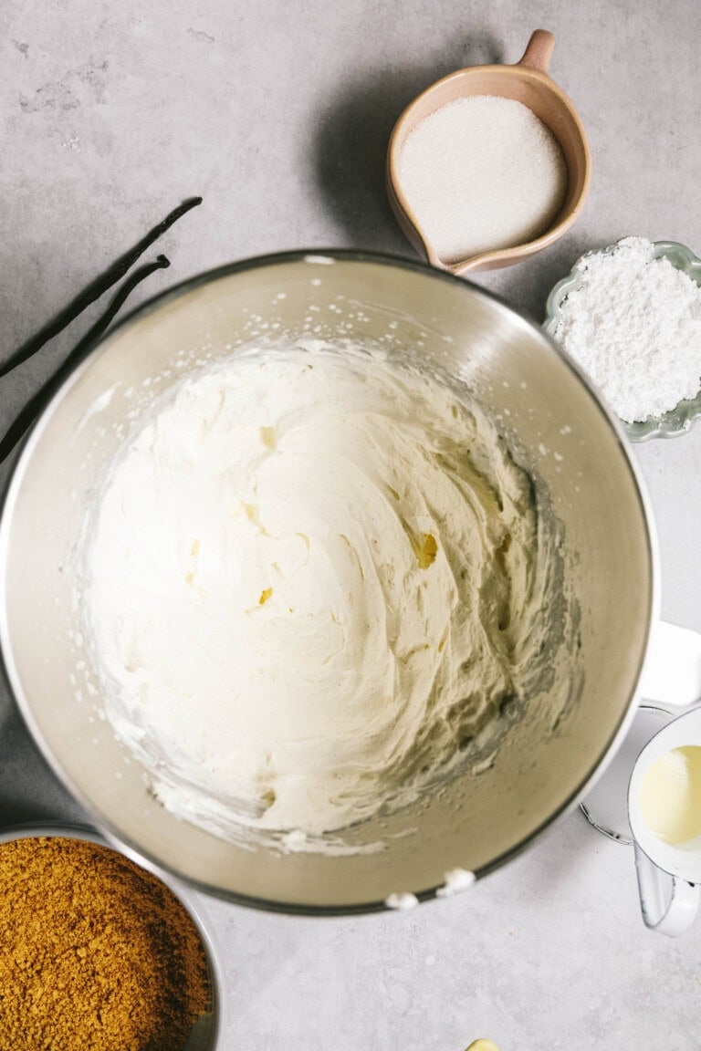 A mixing bowl filled with whipped cream, surrounded by vanilla pods, a small bowl of sugar, powdered sugar, graham cracker crumbs, and a small cup of milk, all set on a gray surface.