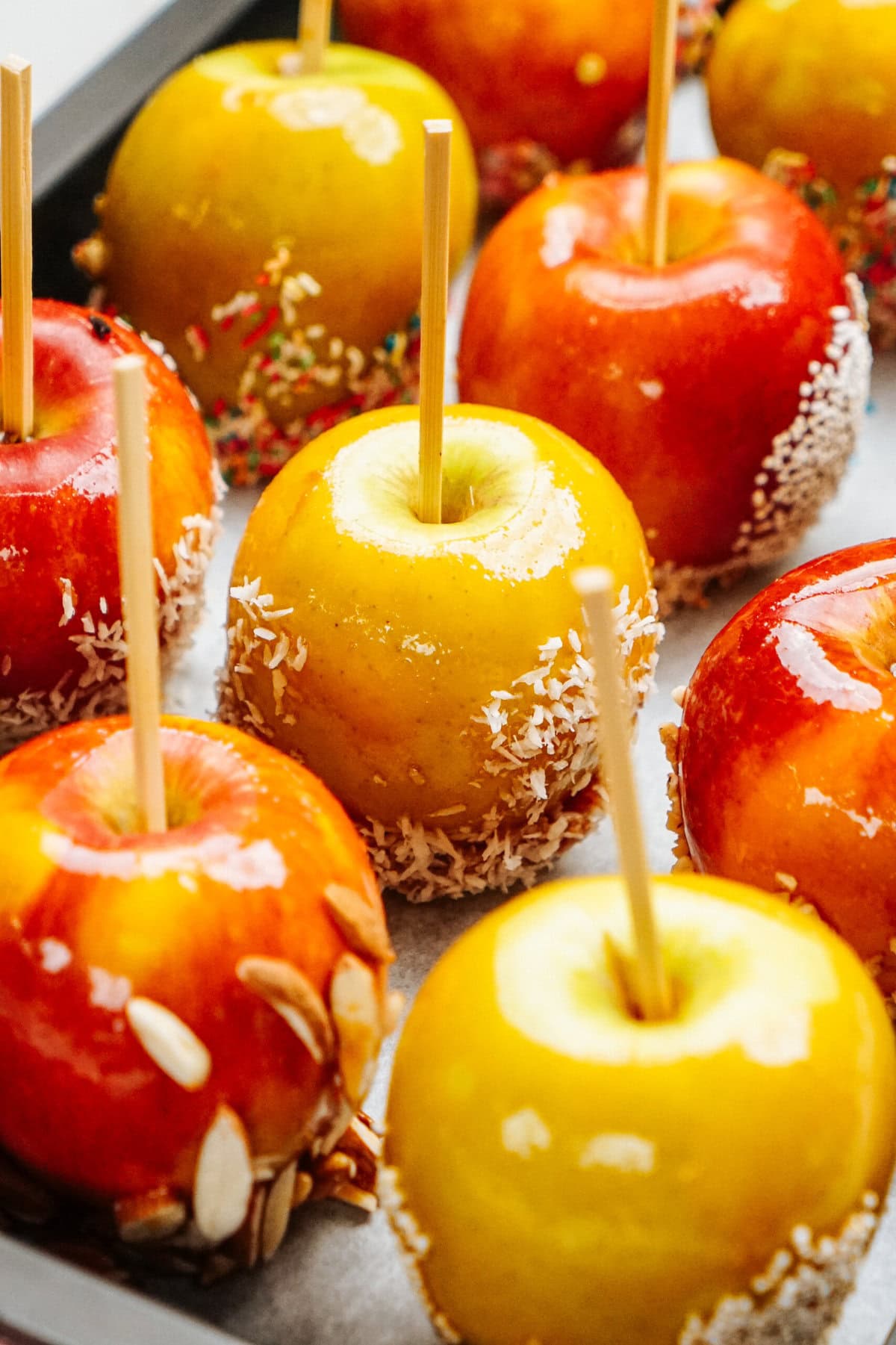 A tray of gourmet caramel apples, some with red skins and others with yellow, topped with various coatings like coconut flakes and seeds, and sticks inserted into the tops for easy handling.