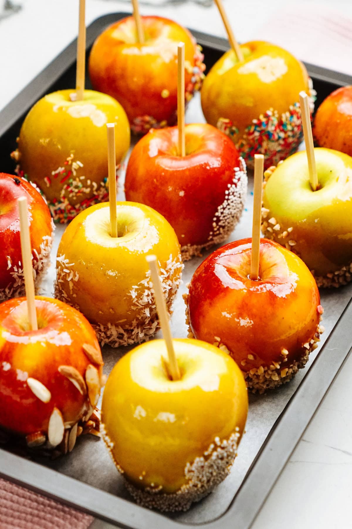 A tray with nine gourmet caramel apples on sticks, some coated with various toppings such as nuts, seeds, and sprinkles.