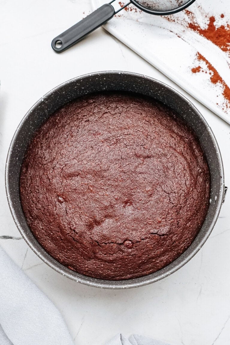 A round chocolate cake in a metal baking pan on a countertop, with cocoa powder nearby.