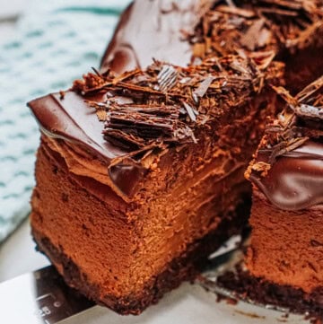 A slice of chocolate cake with creamy layers and a chocolate shavings topping is served on a cake server.