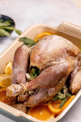 Dry brine turkey, perfectly seasoned, rests in a roasting pan with orange and lemon slices, garnished with fresh herbs.