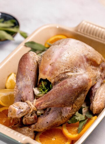 Dry brine turkey, perfectly seasoned, rests in a roasting pan with orange and lemon slices, garnished with fresh herbs.