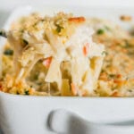 A close-up of a serving of creamy chicken casserole pasta with a golden breadcrumb topping in a white dish.