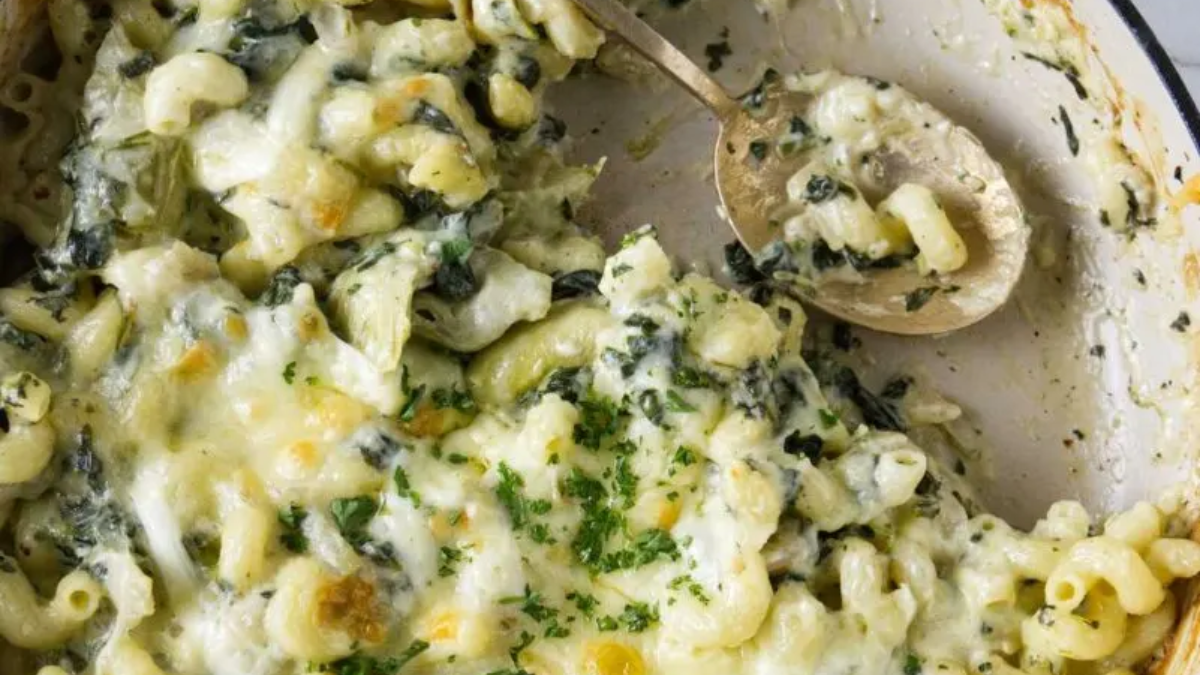 Creamy Spinach Artichoke Pasta Bake. Photo credit Savor The Best.