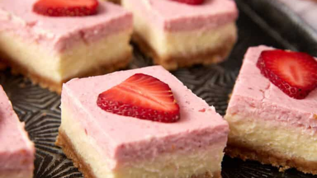 Creamy Strawberry Cheesecake Bars. Photo credit Easy Southern Desserts.