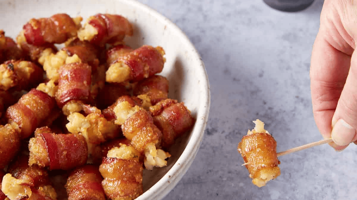 Crispy Bacon Wrapped Tater Tots. Photo credit Butter and Baggage.