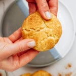 Hands breaking a round, snickerdoodle cookie over a plate, with more cookies and cinnamon nearby.